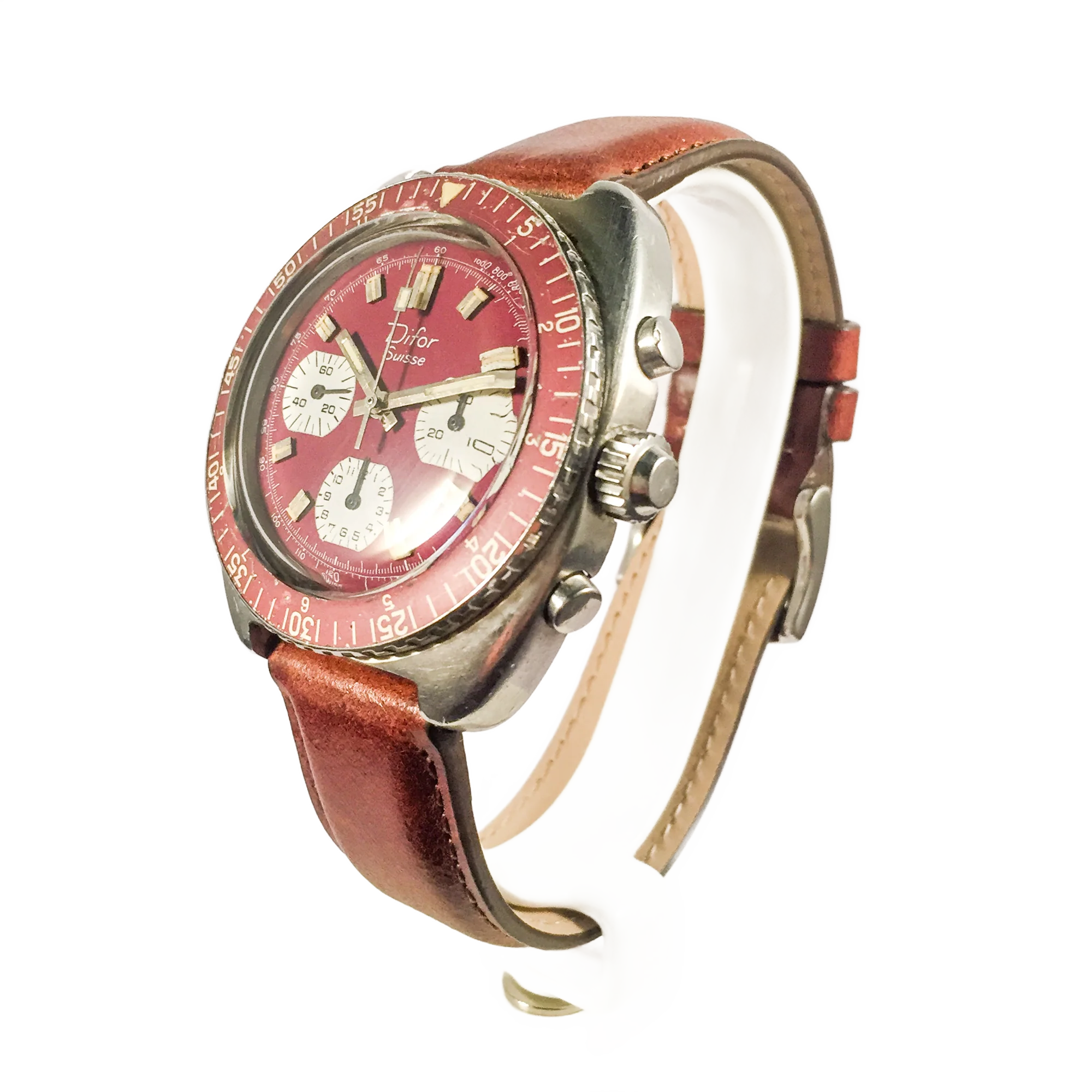 Chronographe vintage à cadran rouge et bracelet en cuir