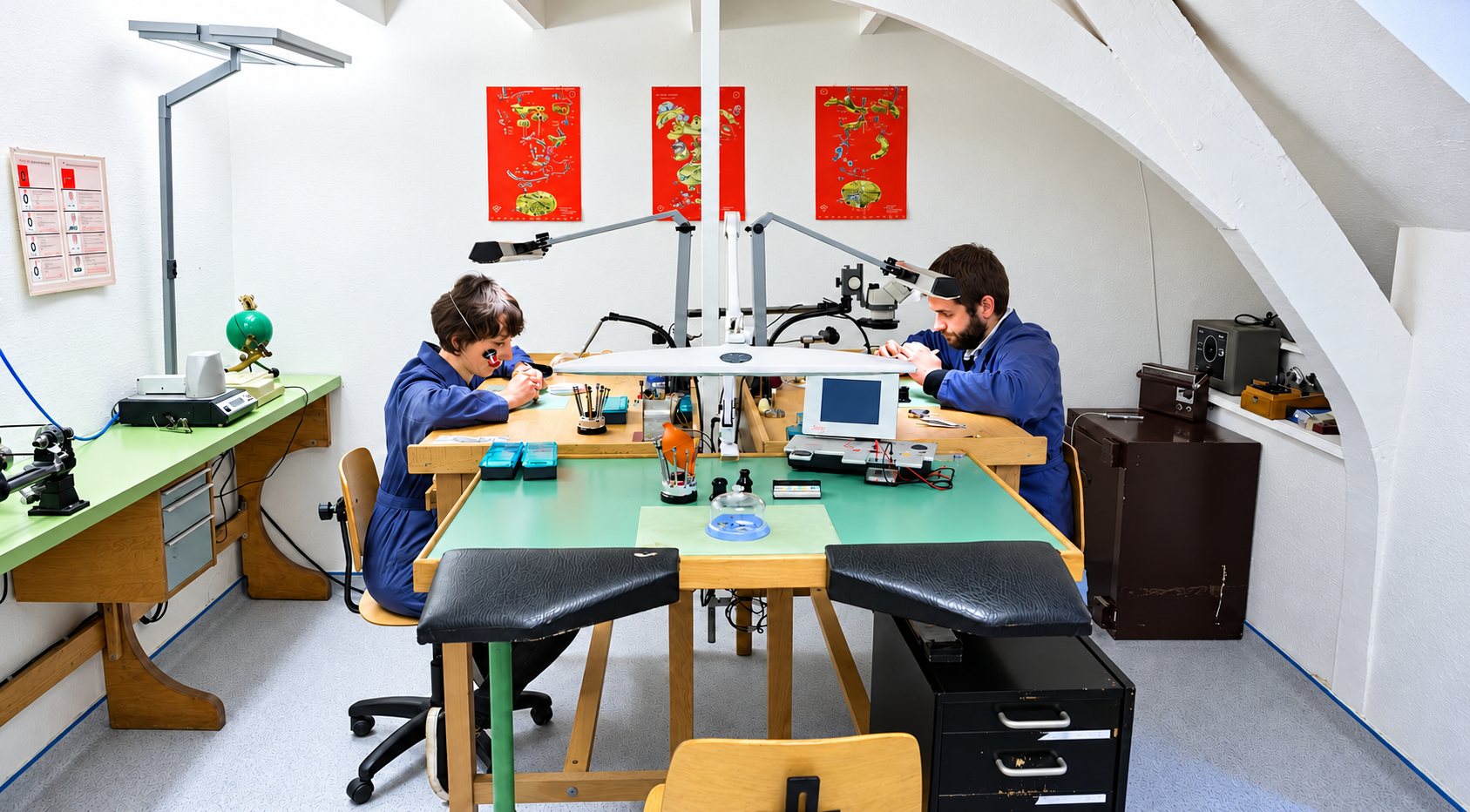 Deux horlogers travaillant à leurs établis dans un atelier voûté