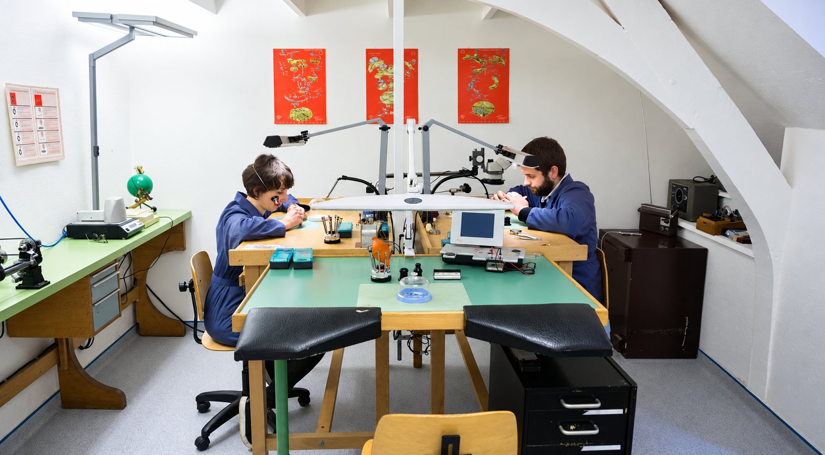 Deux horlogers en blouse bleue travaillent face à face à un établi vert équipé de lampes et de loupes, dans un atelier aux murs blancs et au plafond voûté.