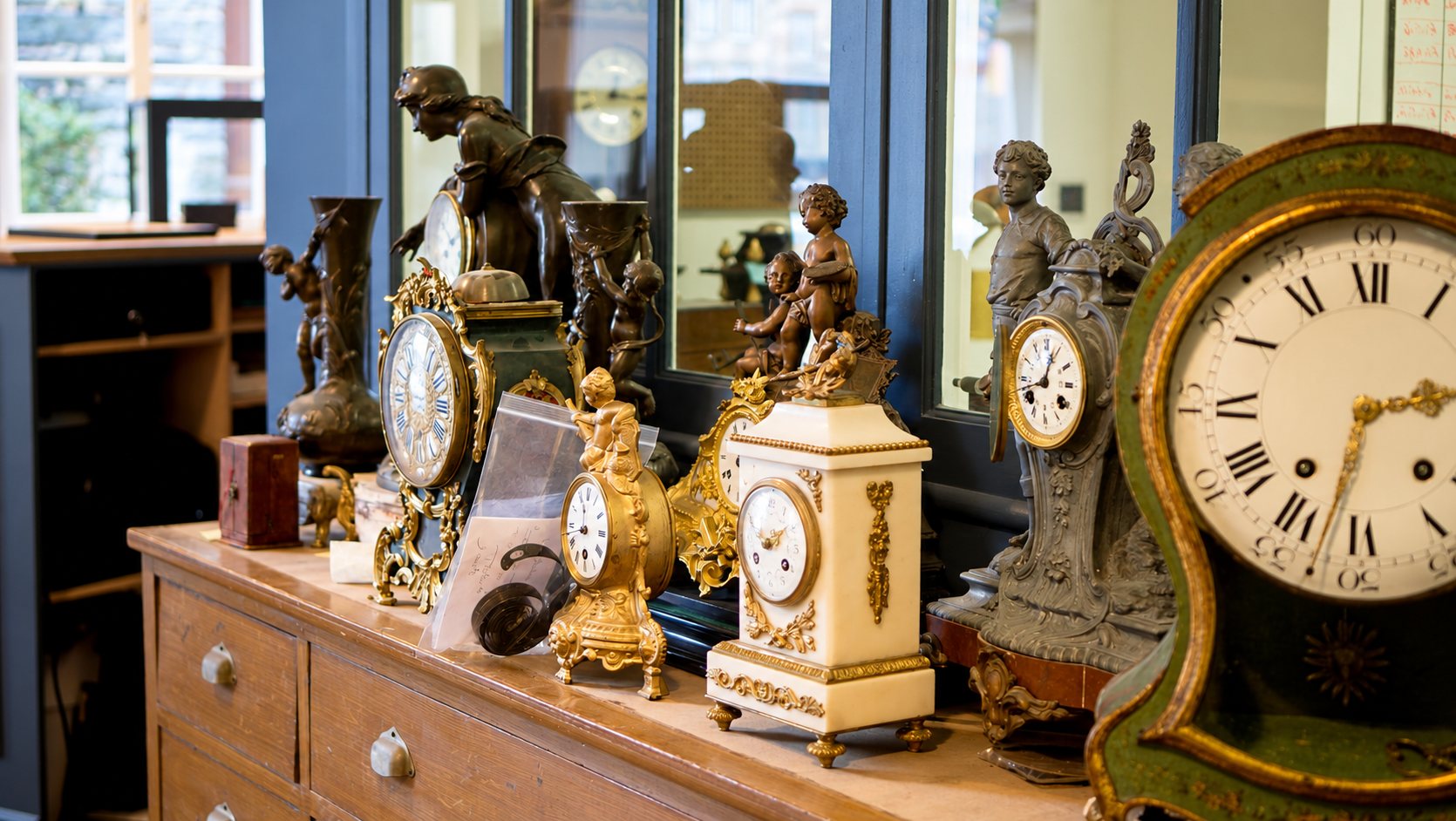 Plusieurs pendules anciennes dorées, en marbre et en bronze, ainsi que des statuettes, sont posées sur une commode en bois dans un atelier.